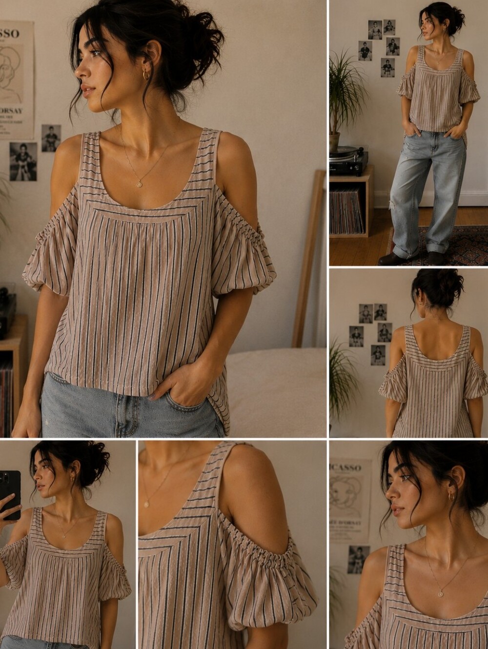 Le Kate Size Medium Blue And White Striped Cold Shoulder Top